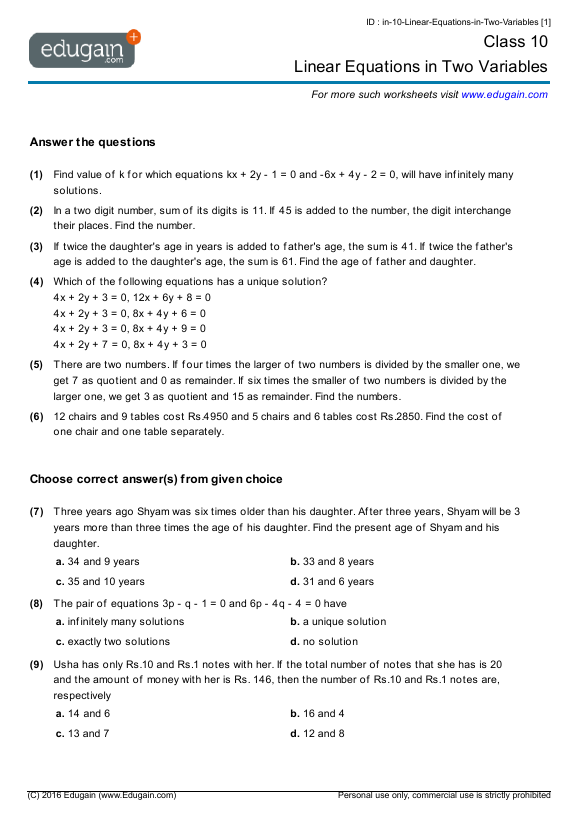 grade 10 linear equations in two variables math practice questions tests worksheets quizzes assignments edugain nepal