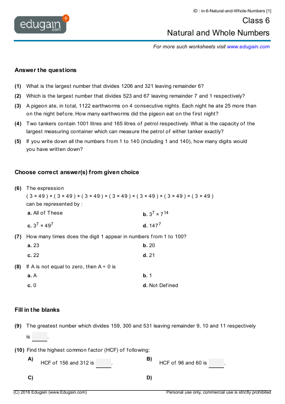 grade 6 natural and whole numbers math practice questions tests worksheets quizzes assignments edugain nepal